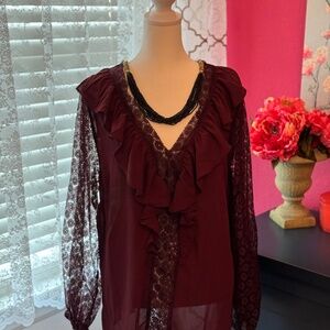 new york and company burgundy blouse with lace sleeves